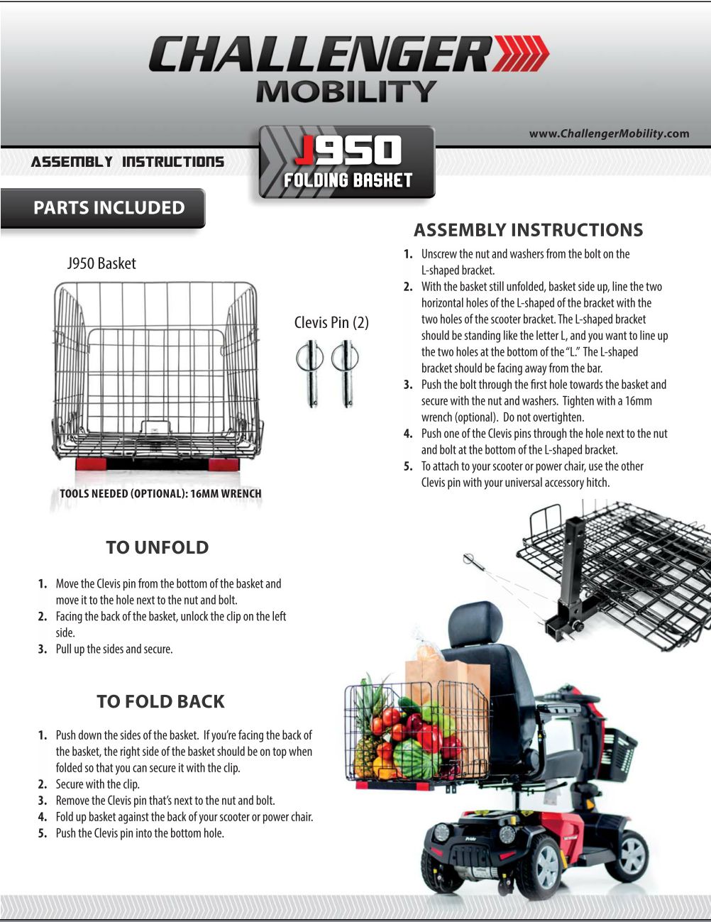 Challenger Mobility Folding Rear Basket for Mobility Scooters and Power Wheelchairs