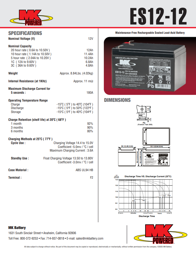 ES12 12V 12AH AGM Battery ( Sold in pairs )