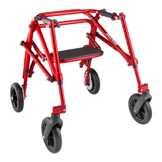 Andador de marcha Circle Specialty Klip 4W con asiento abatible y ruedas de 8", rojo, talla extra pequeña (CS-KP518)